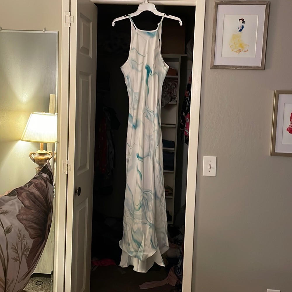 EXPRESS White silky dress with blue accents. Just beautiful. NWT.